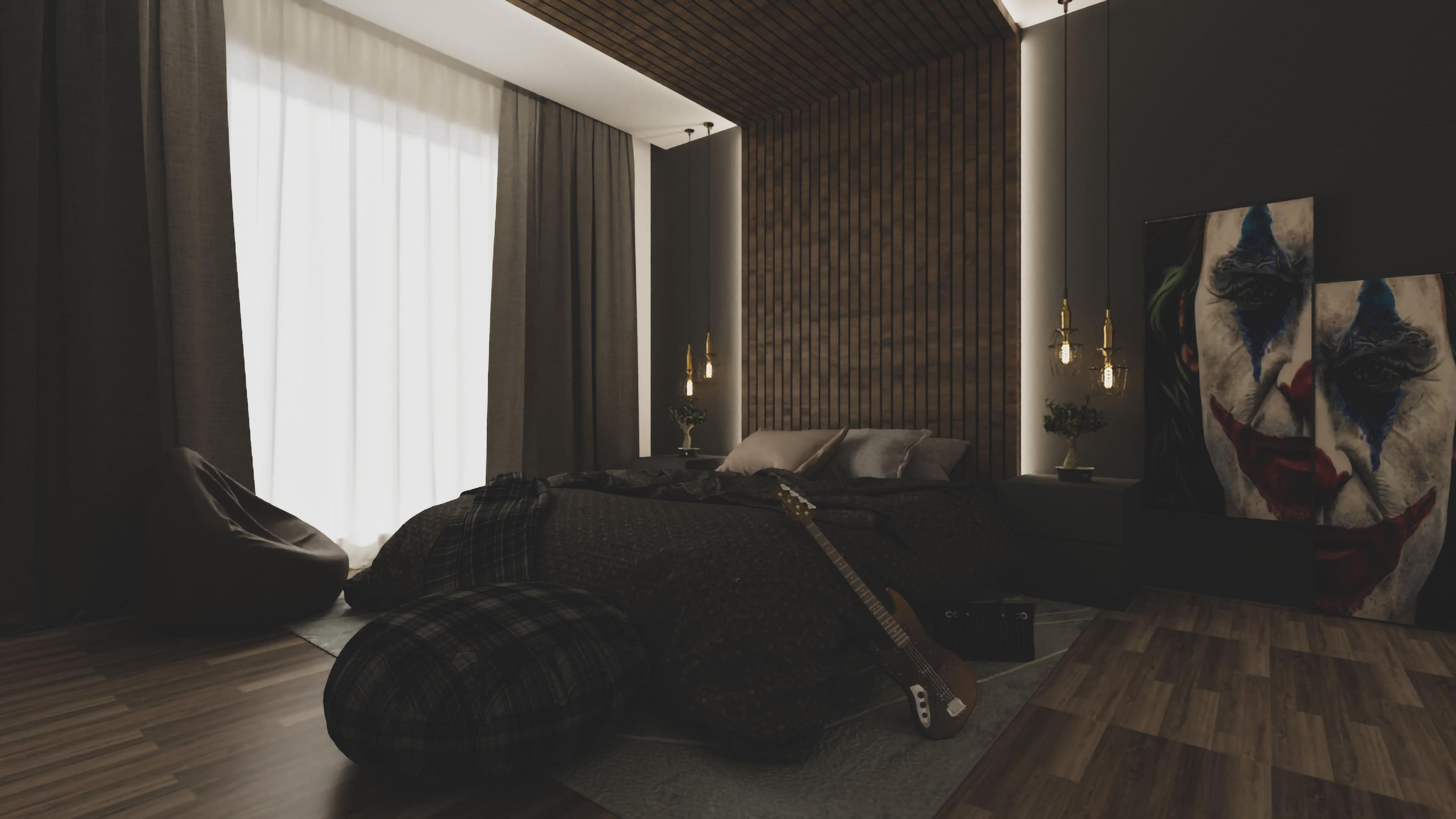 Moody bedroom with a dark wood-slat wall, pendant lights and pop-art canvases