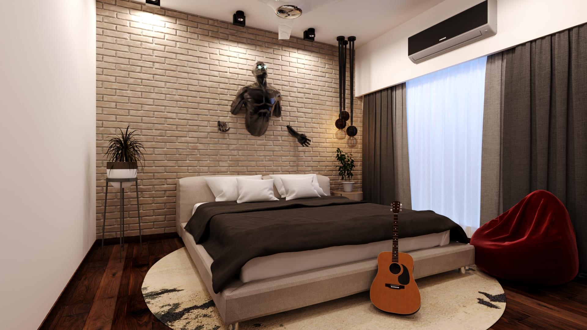 Bedroom with an exposed-brick wall, a wall sculpture, a guitar and a red bean bag