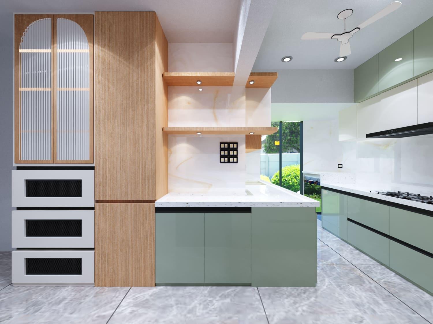 Sage-green kitchen with a fluted-glass crockery unit, built-in oven tower and island counter