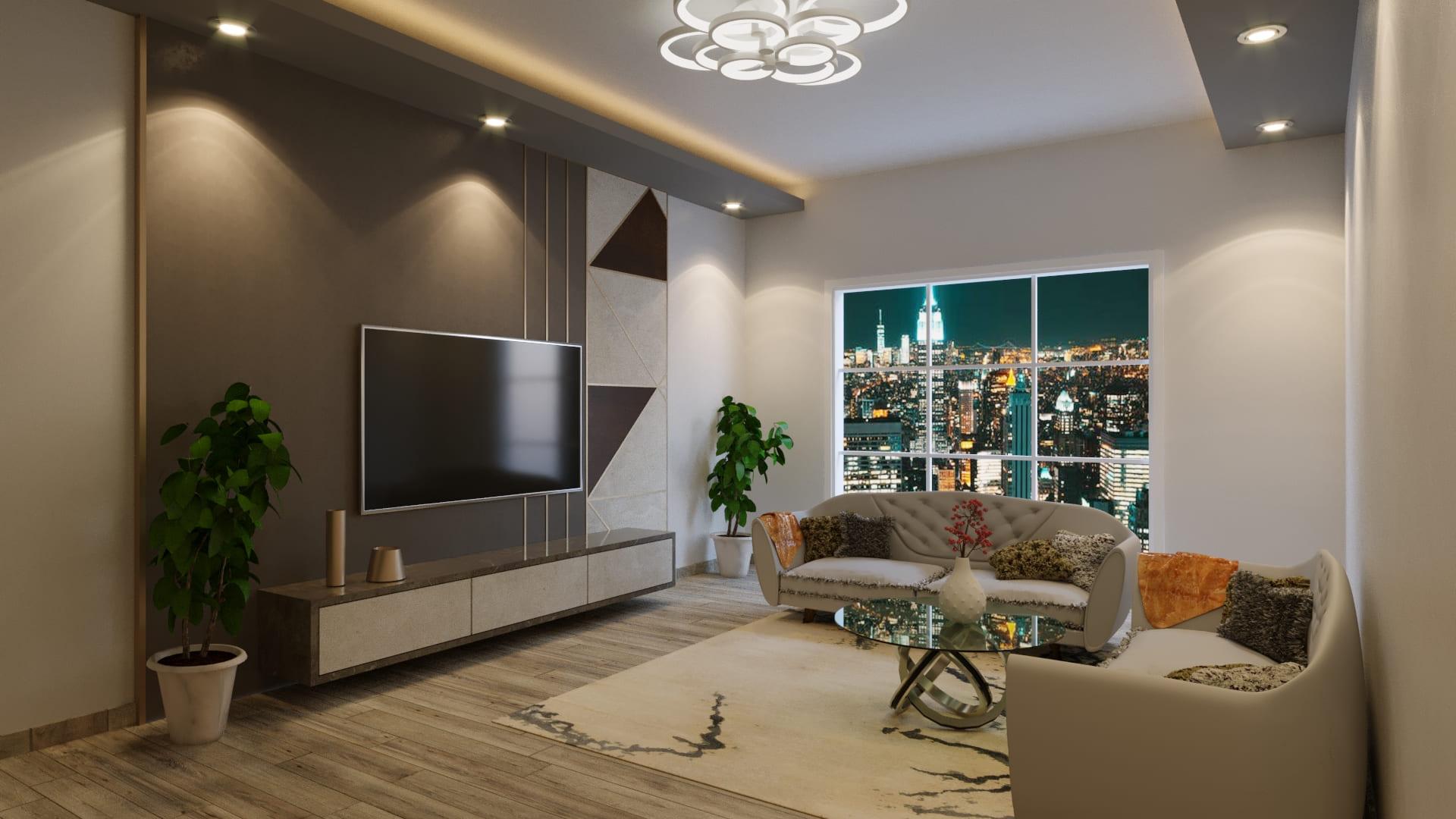 Living room with a grey feature TV wall, a city-view window and curved sofas — day view