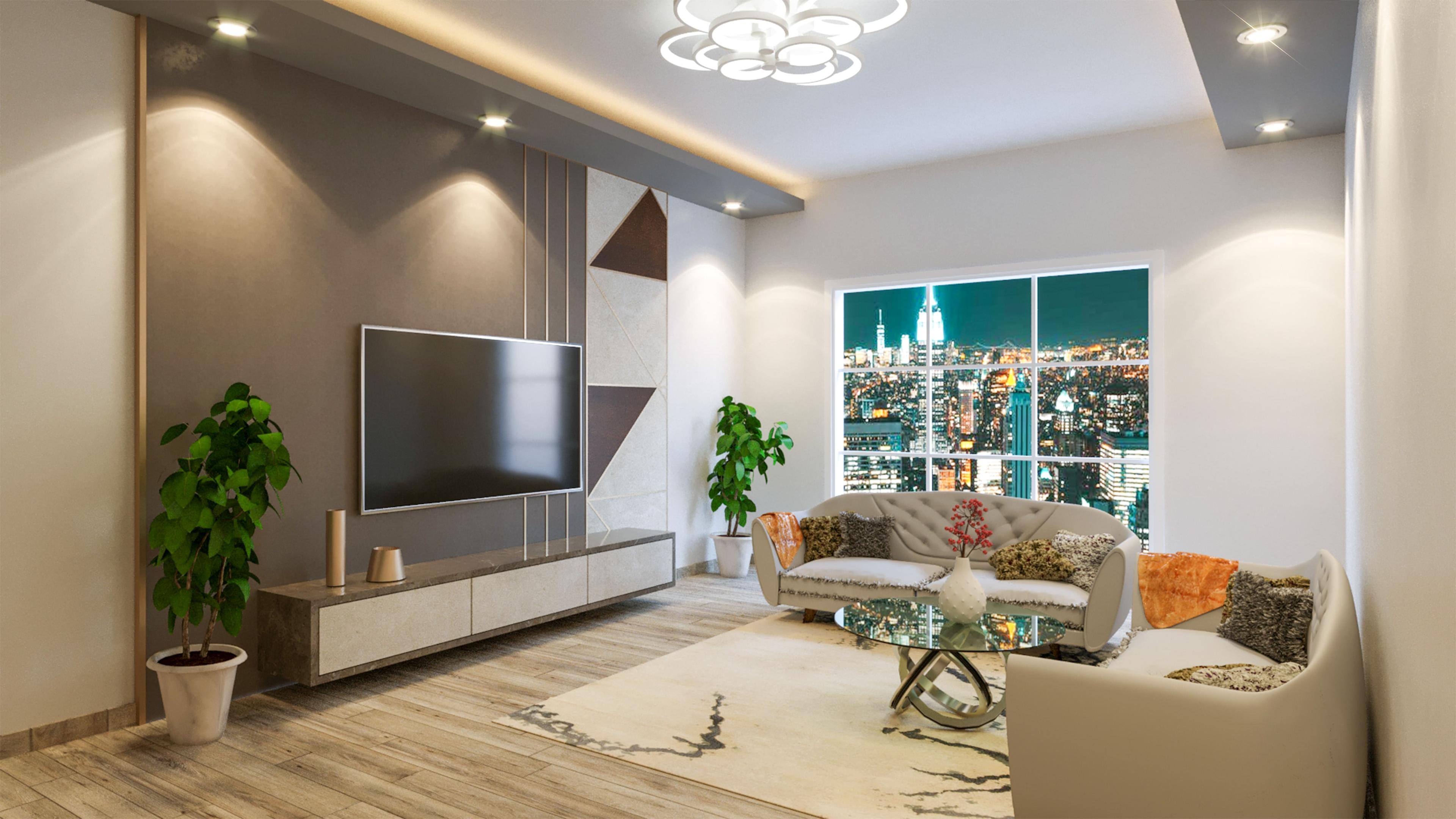 The same living room rendered at night, with cove and accent lighting on