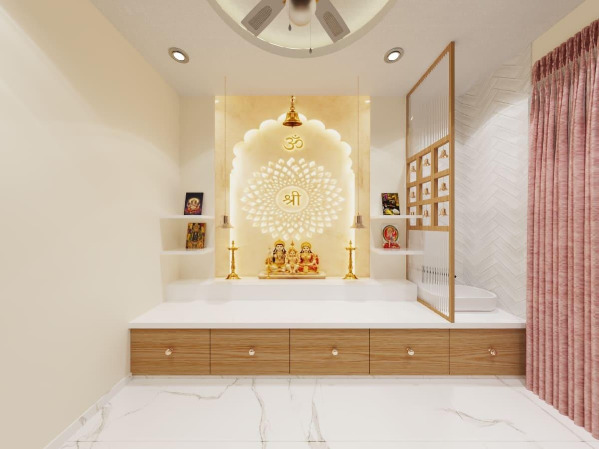Pooja room with a backlit arch, a raised storage platform and a glass partition