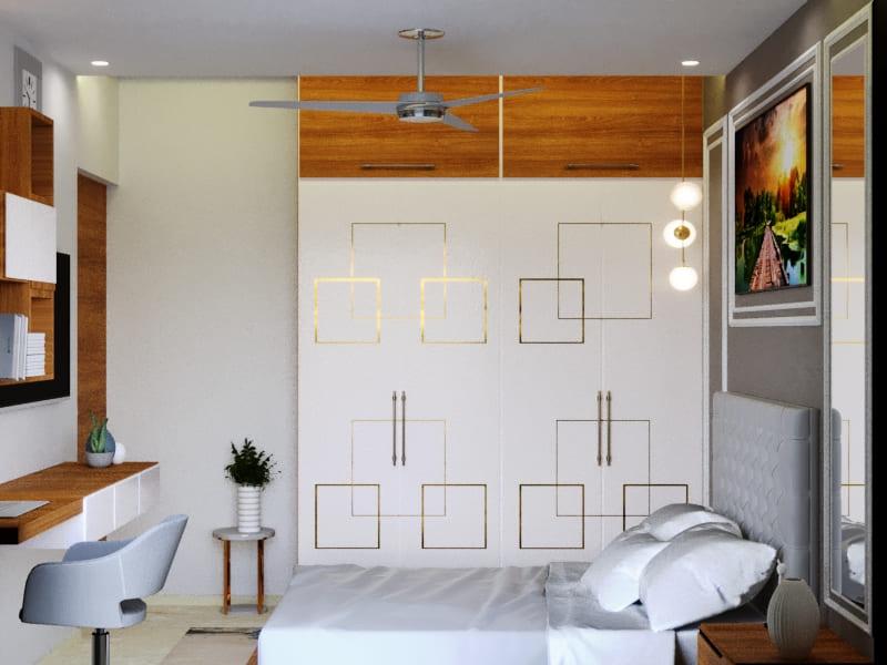 Bedroom with a white wardrobe inlaid with gold squares, a grey headboard and a study desk