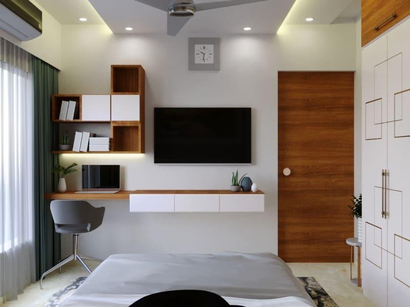 Bedroom TV wall with a floating study desk, open shelves and a wooden door