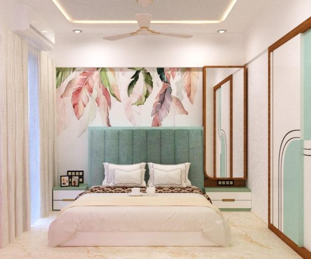 Bedroom with a pink tropical-leaf mural, a sage fluted headboard and an arched mirror