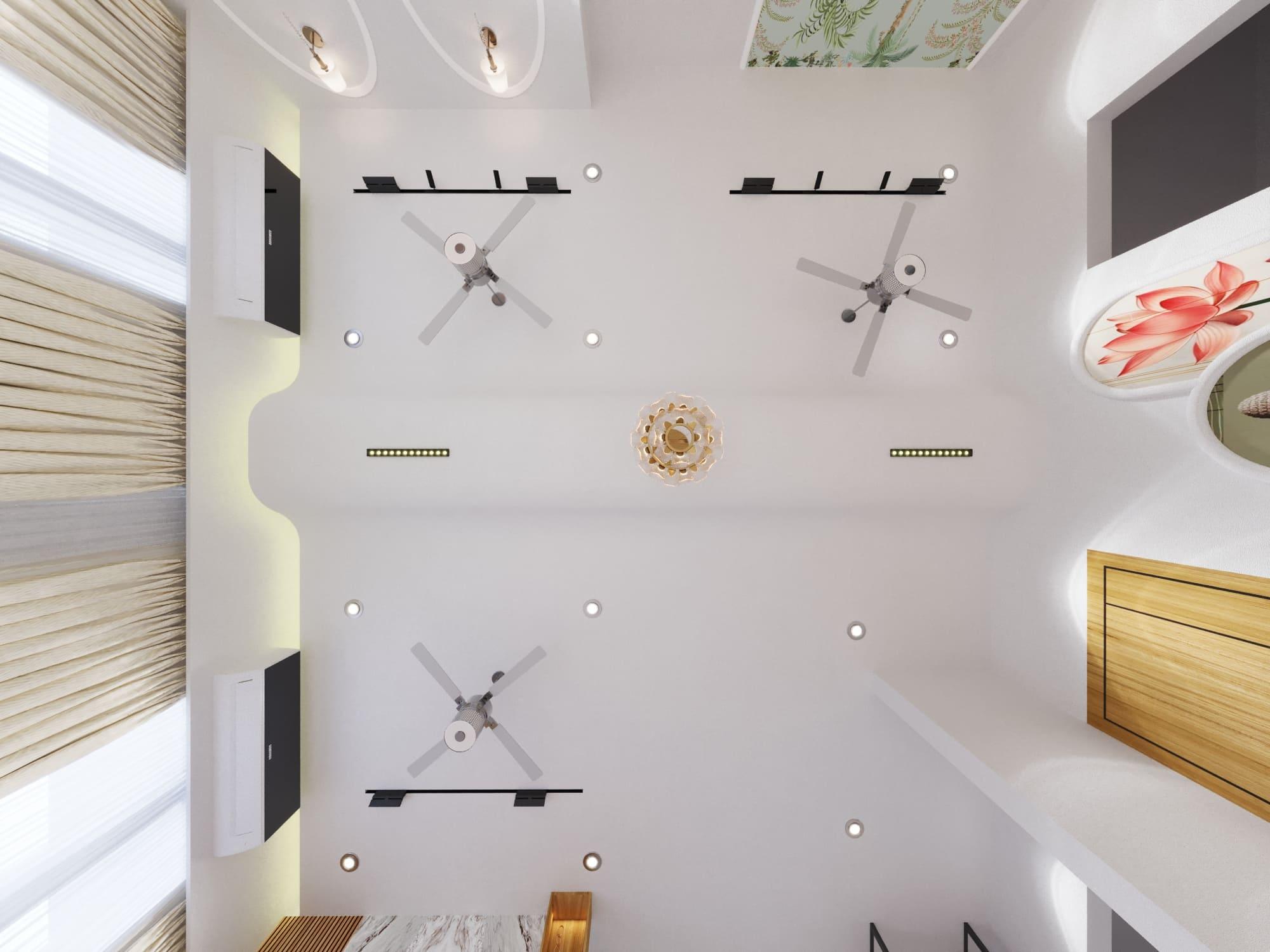Top-down view of a living-room false ceiling with cove lighting, fans and track lights