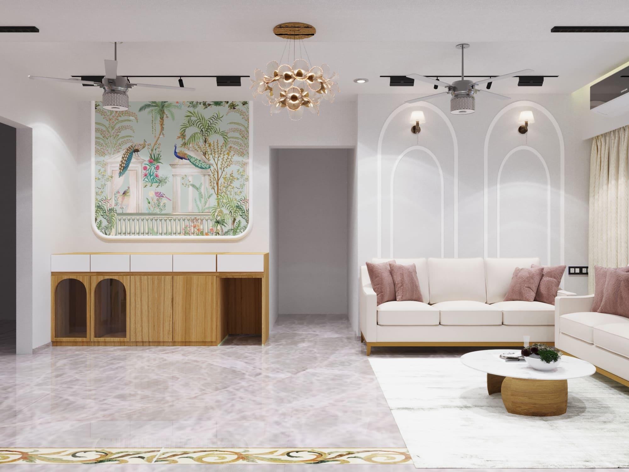 Living and dining area with an arched peacock mural, a fluted crockery unit and a white sofa