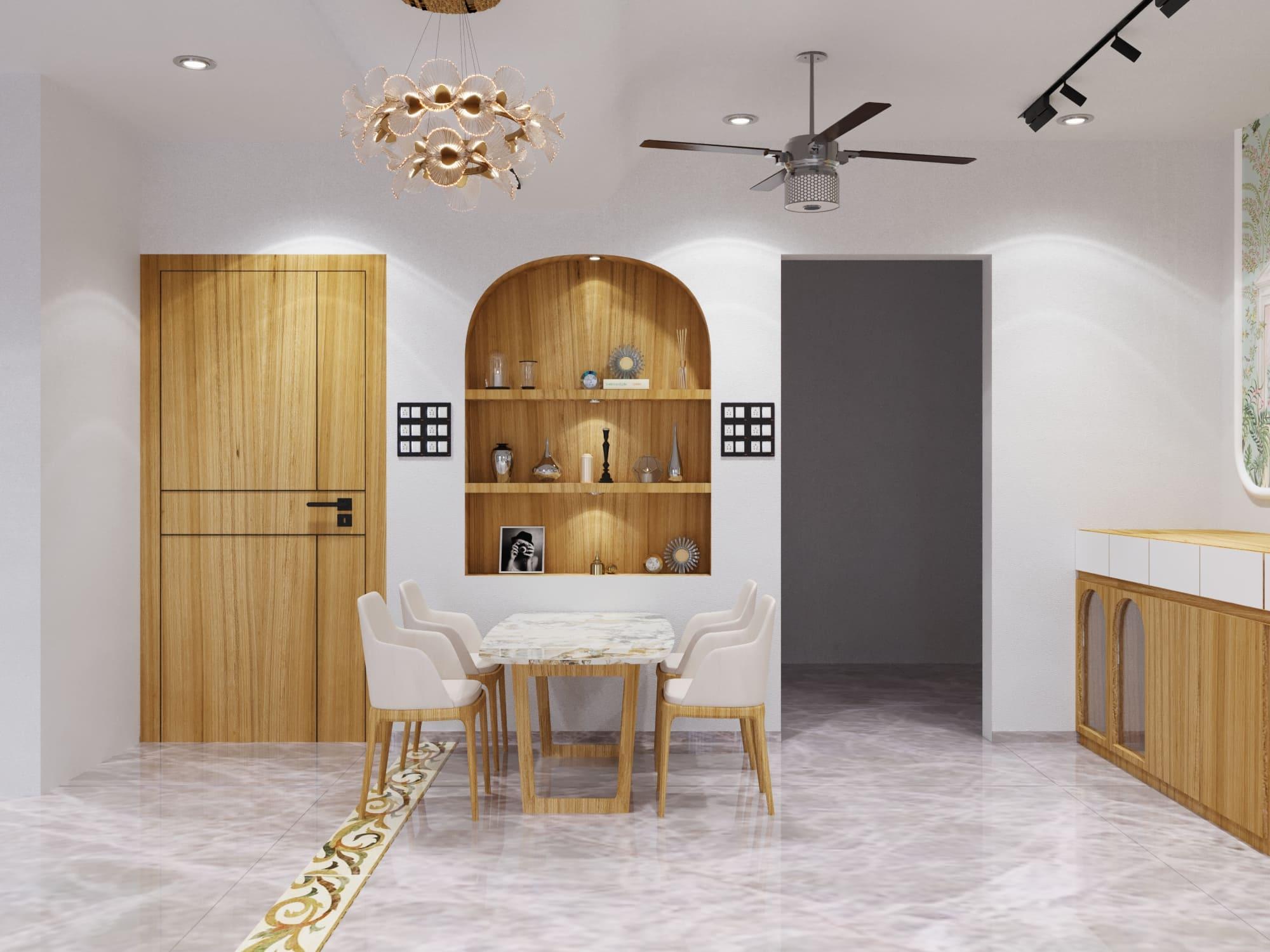 Dining area with an arched display niche, a marble-top table and a sculptural chandelier