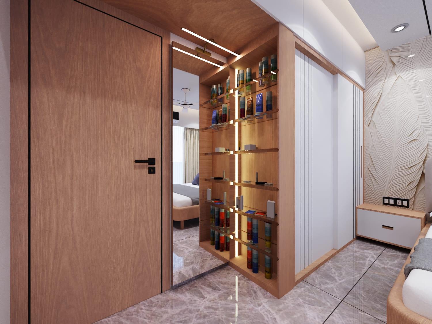 The same dressing unit opened to reveal lit glass shelves
