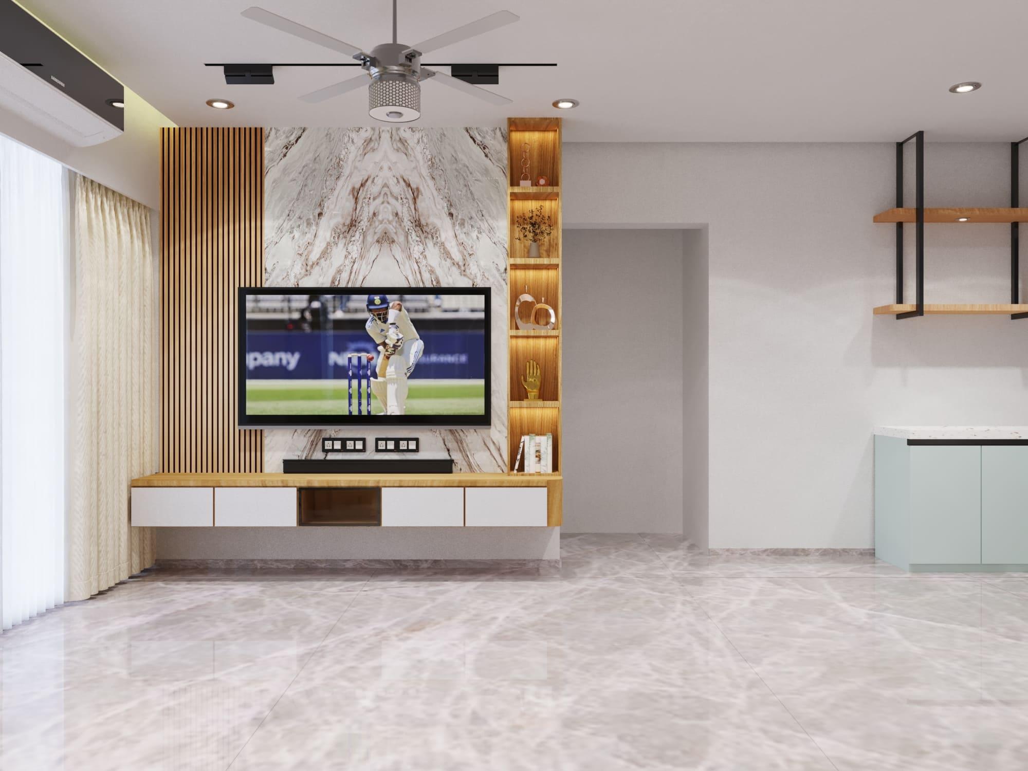 TV wall in book-matched marble with fluted wood panels and lit display shelves