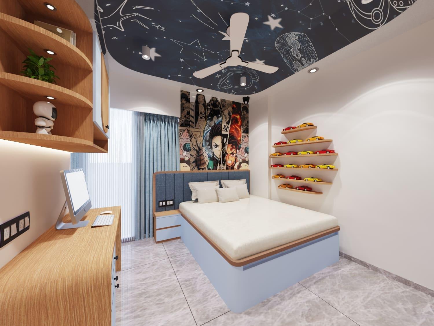 Kids' bedroom with a galaxy-print ceiling, a comic-art wall and toy-car shelves