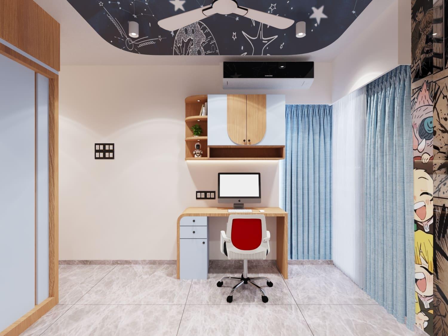 Kids' study corner with a white desk, a red chair and curved wall shelving