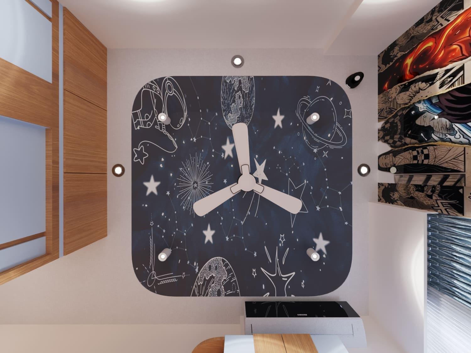 Galaxy-print false ceiling with stars and planets in a kids' bedroom