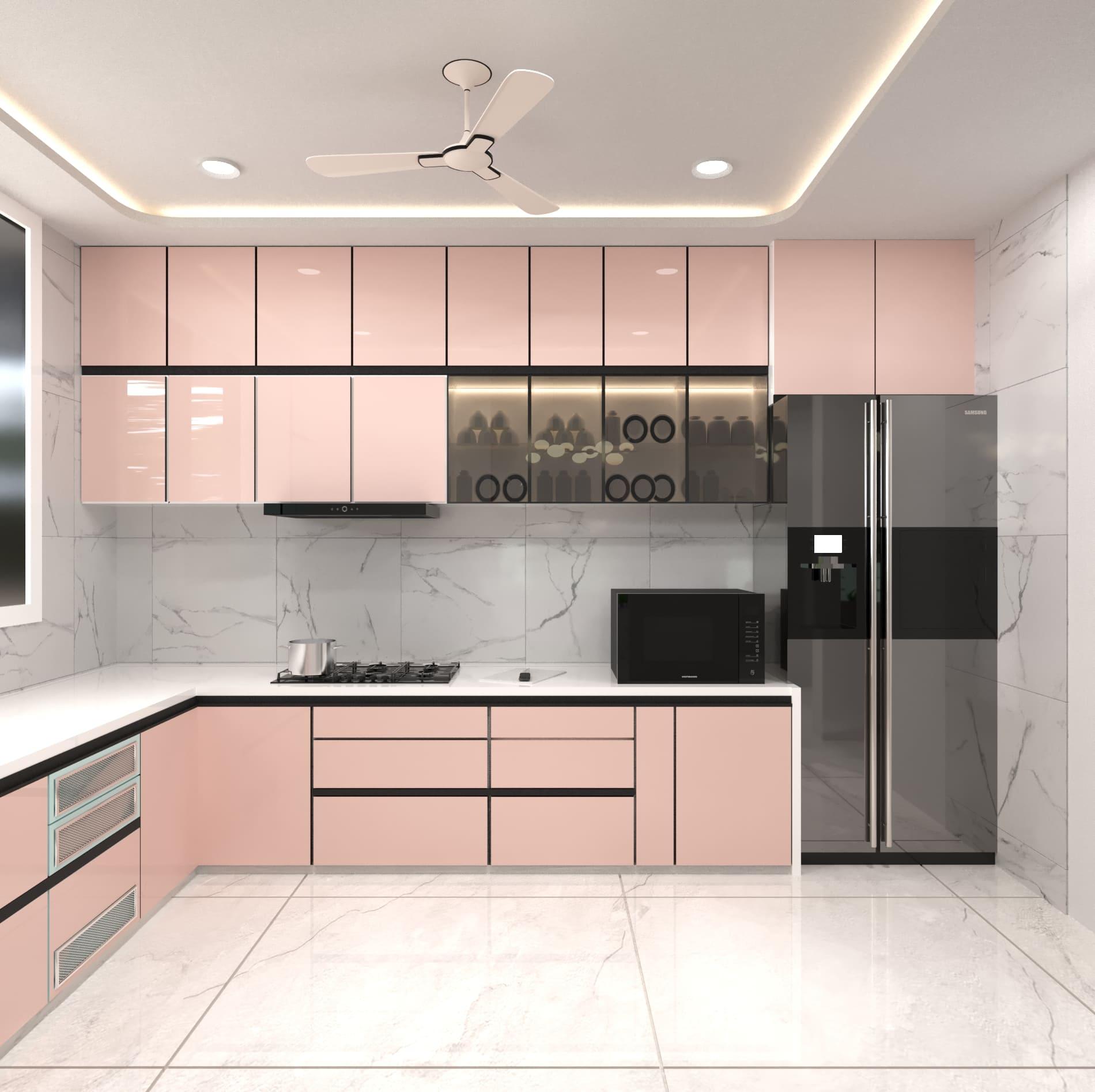 Blush-pink L-shaped modular kitchen with glass-front upper cabinets and a double-door fridge