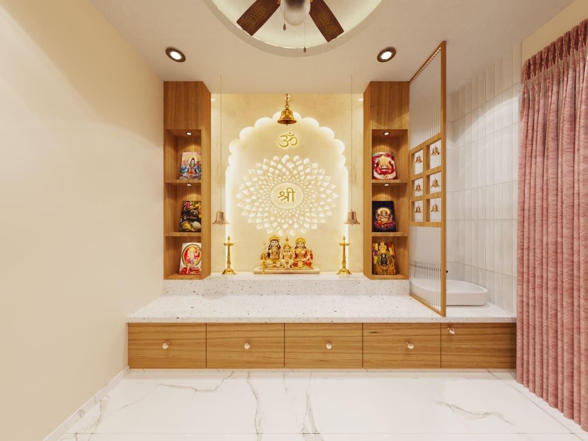 Pooja room option with wooden side shelves around the backlit arch