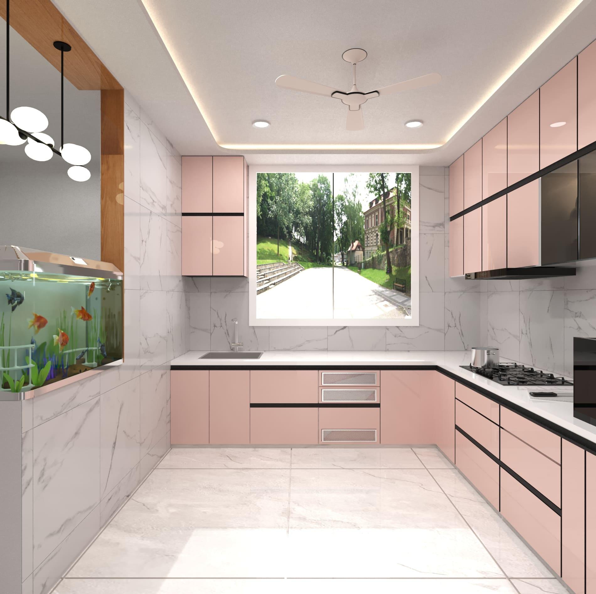 Blush-pink kitchen with an aquarium partition and a window over the sink