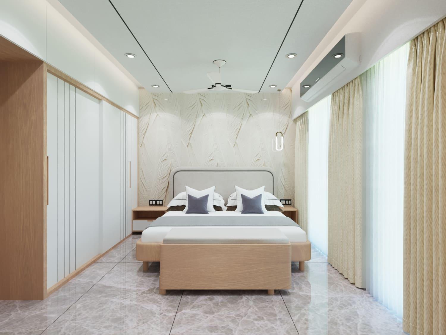Master bedroom with a marble-look feature wall, an upholstered bed and a full-height wardrobe