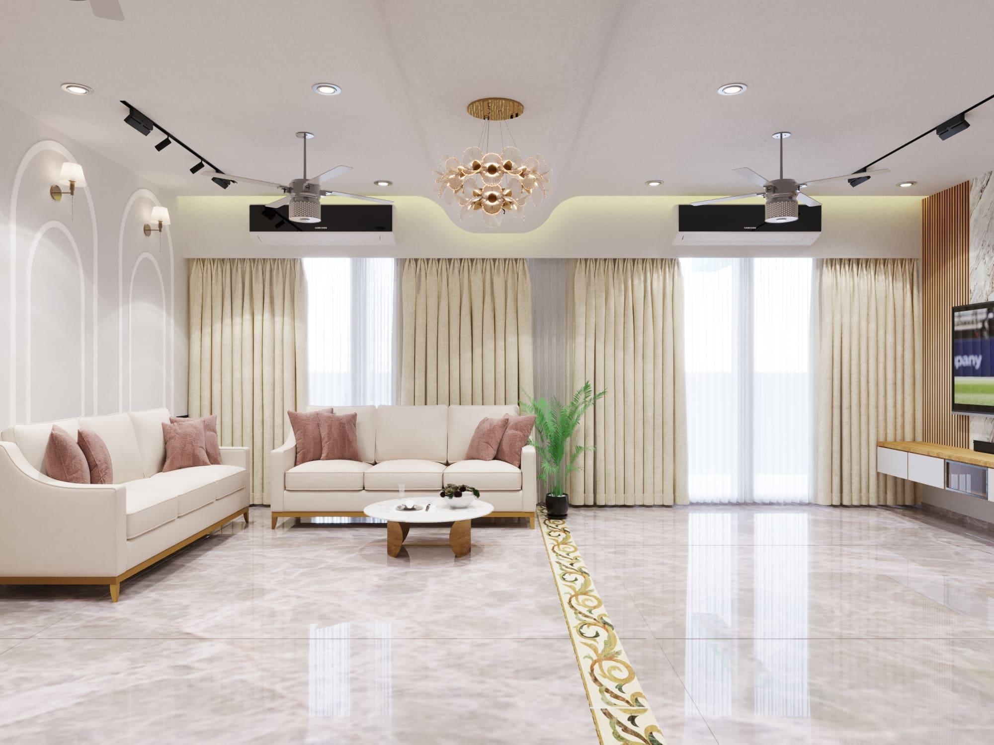 Formal living room with cream sofas, a marble floor inlay and black track lighting