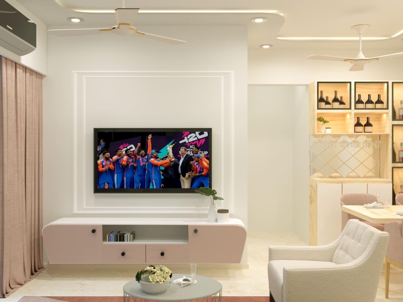 Living room with a white panelled TV wall, blush TV unit and a lit bar display