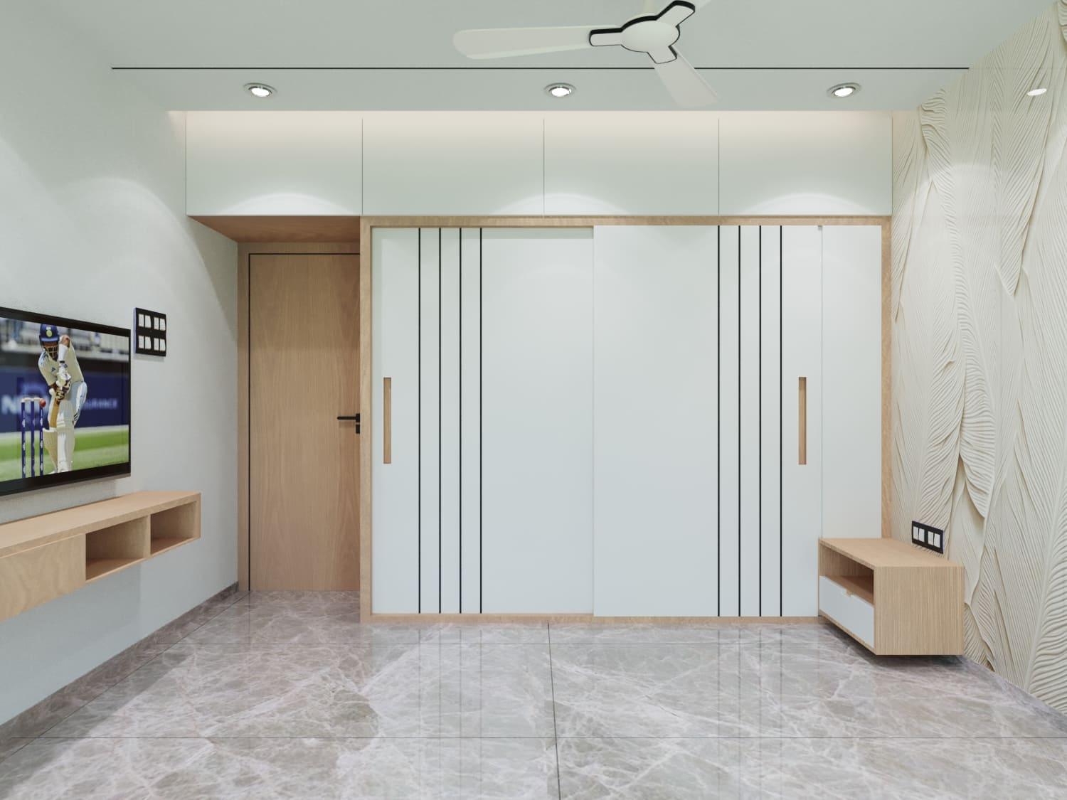 Sliding wardrobe in white and oak with an open wall-mounted TV console