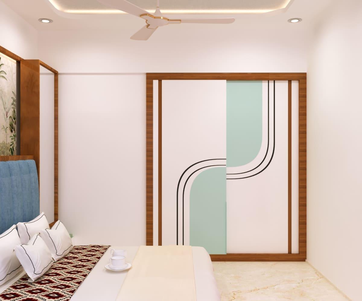 Bedroom wardrobe with mint and white shutters and a curved-stripe inlay