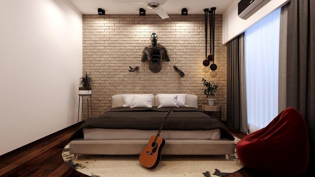 Bedroom with brick-texture wall