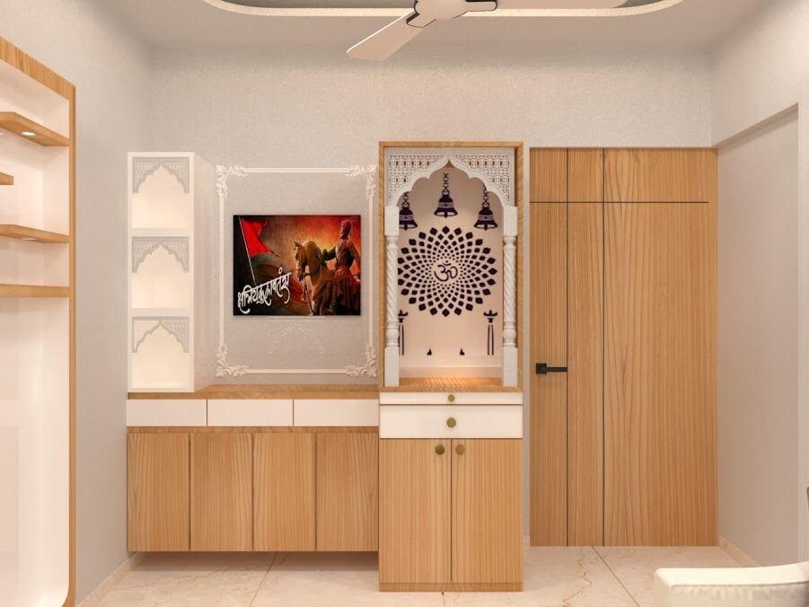 Pooja unit with jali panel and storage