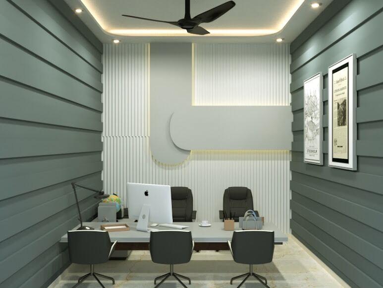 Director’s cabin with fluted panelling designed by ARK Interiors